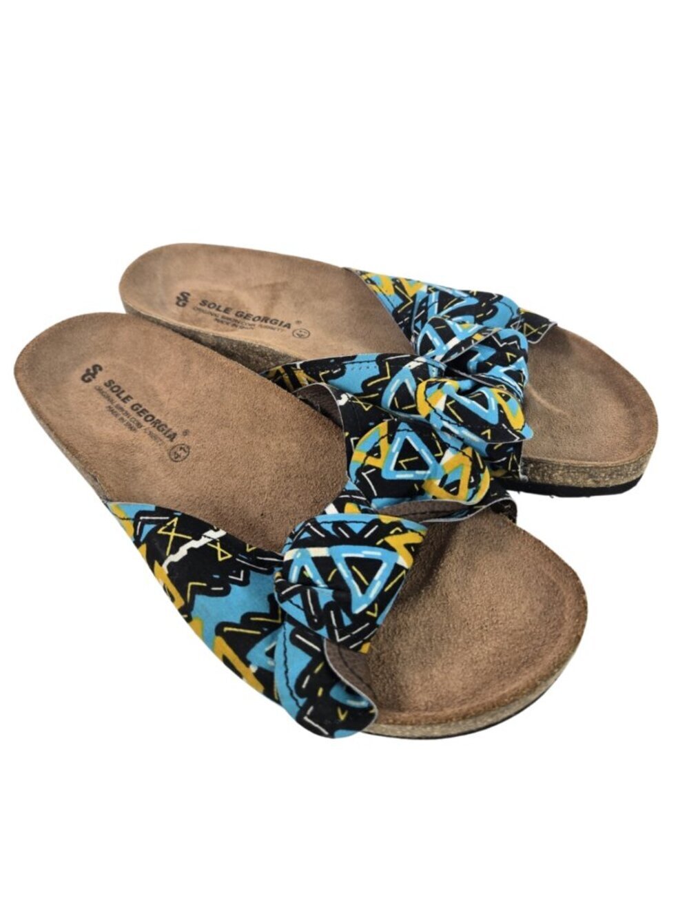 Sole Georgia Cork Slide Sandals Size 41 Spain Artsy Boho Chic Blue Yellow